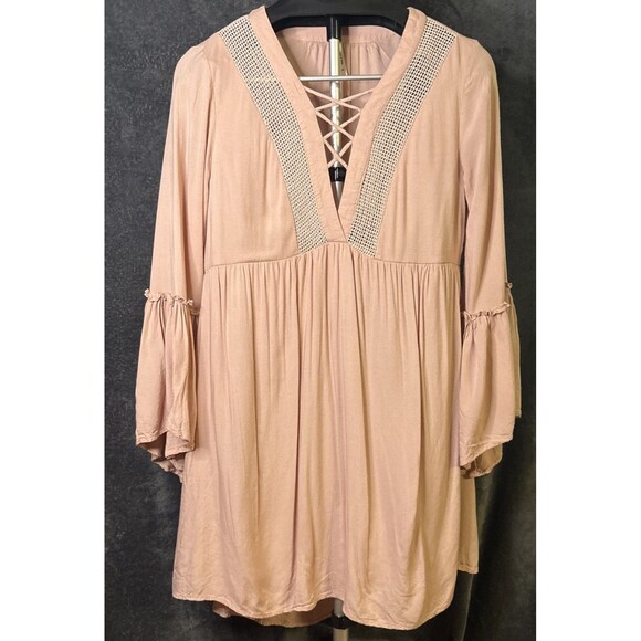 Live 4 Truth Dress M Womens Dusty Rose Boho Peasant Bell Sleeve V-Neck Strappy - Picture 1 of 7